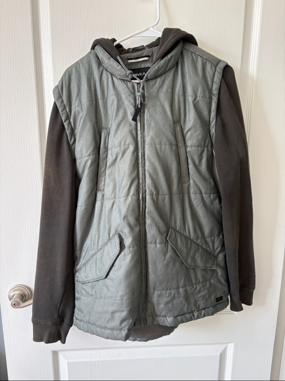 RVCA Men's Hooded Quilted Jacket in Gray with Black Sleeves